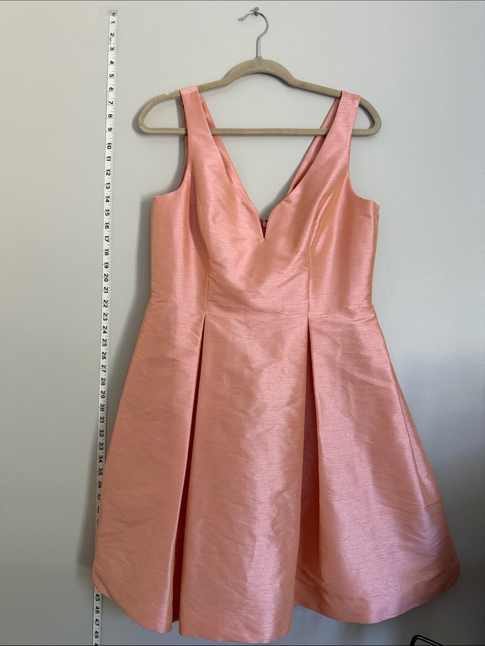 Donna Morgan Coral Pink Satin V-Neck Pleated Party Dress